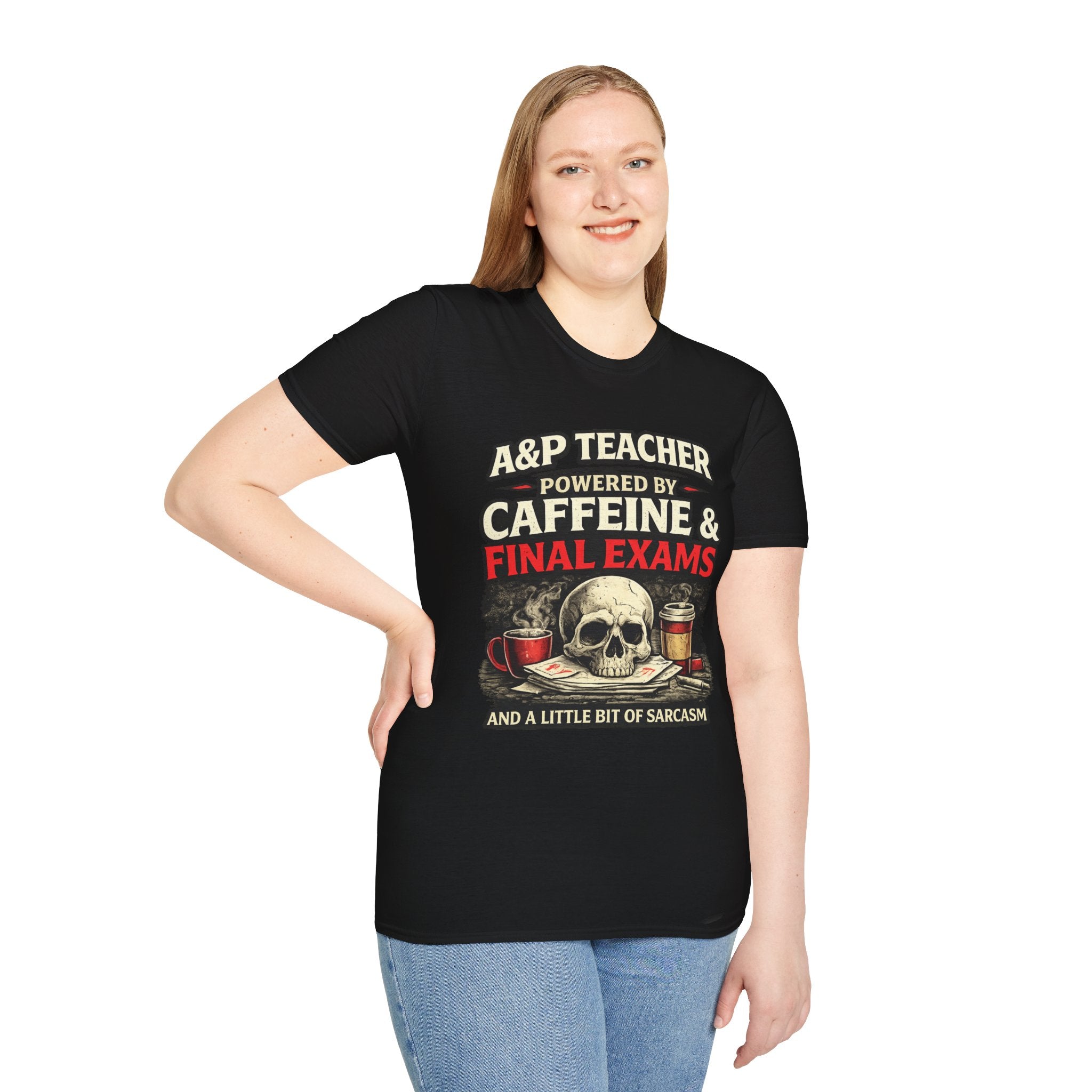 A&P Teacher T‑Shirt - "Powered by Caffeine & Final Exams" Skull Coffee Tee (Sarcastic Gift)