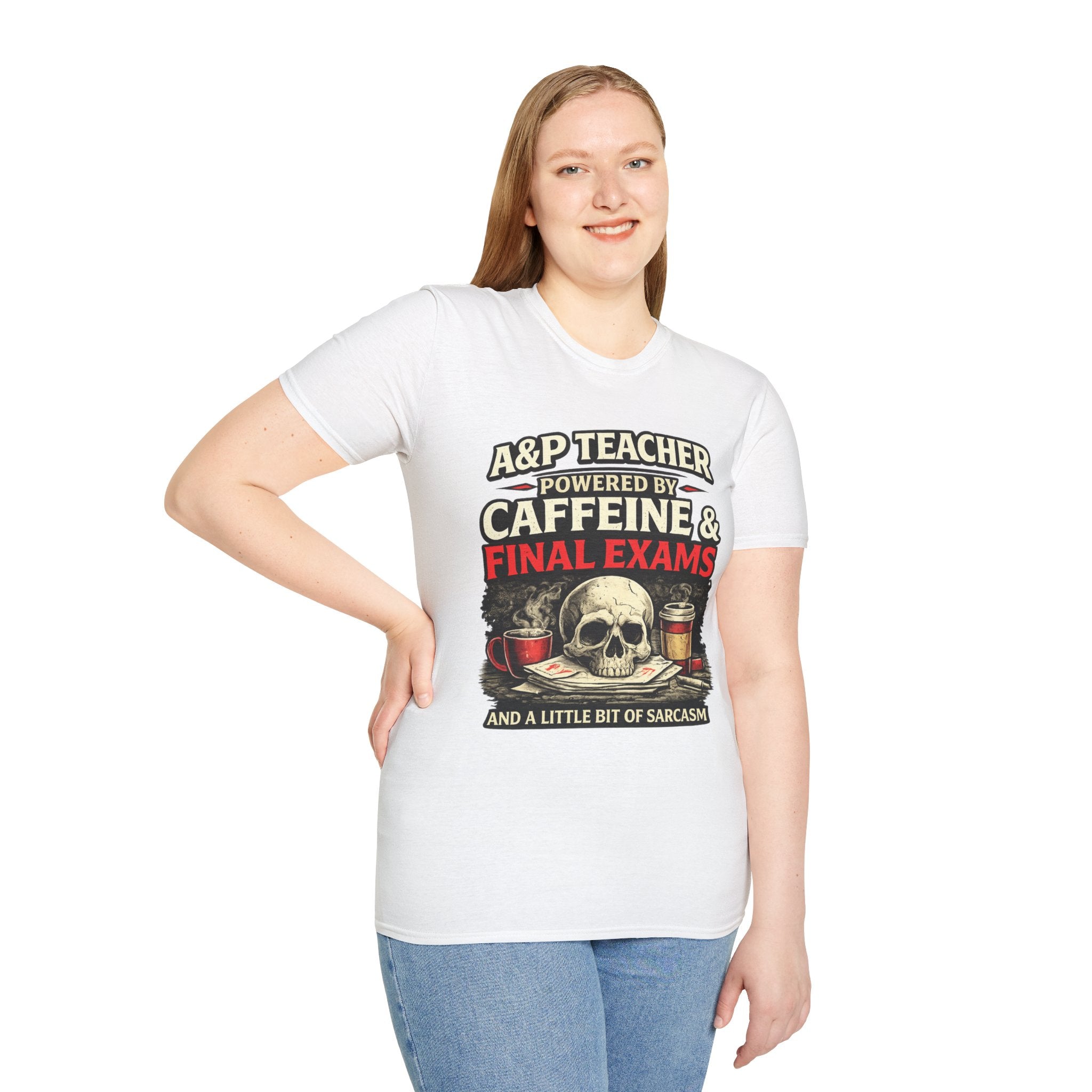 A&P Teacher T‑Shirt - "Powered by Caffeine & Final Exams" Skull Coffee Tee (Sarcastic Gift)