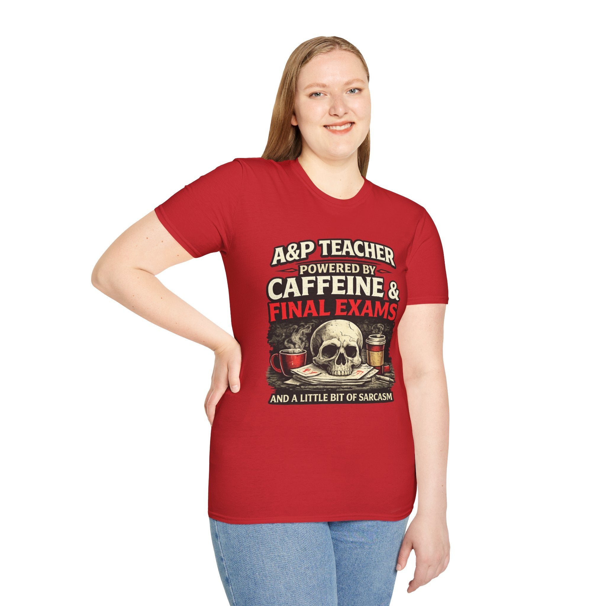 A&P Teacher T‑Shirt - "Powered by Caffeine & Final Exams" Skull Coffee Tee (Sarcastic Gift)