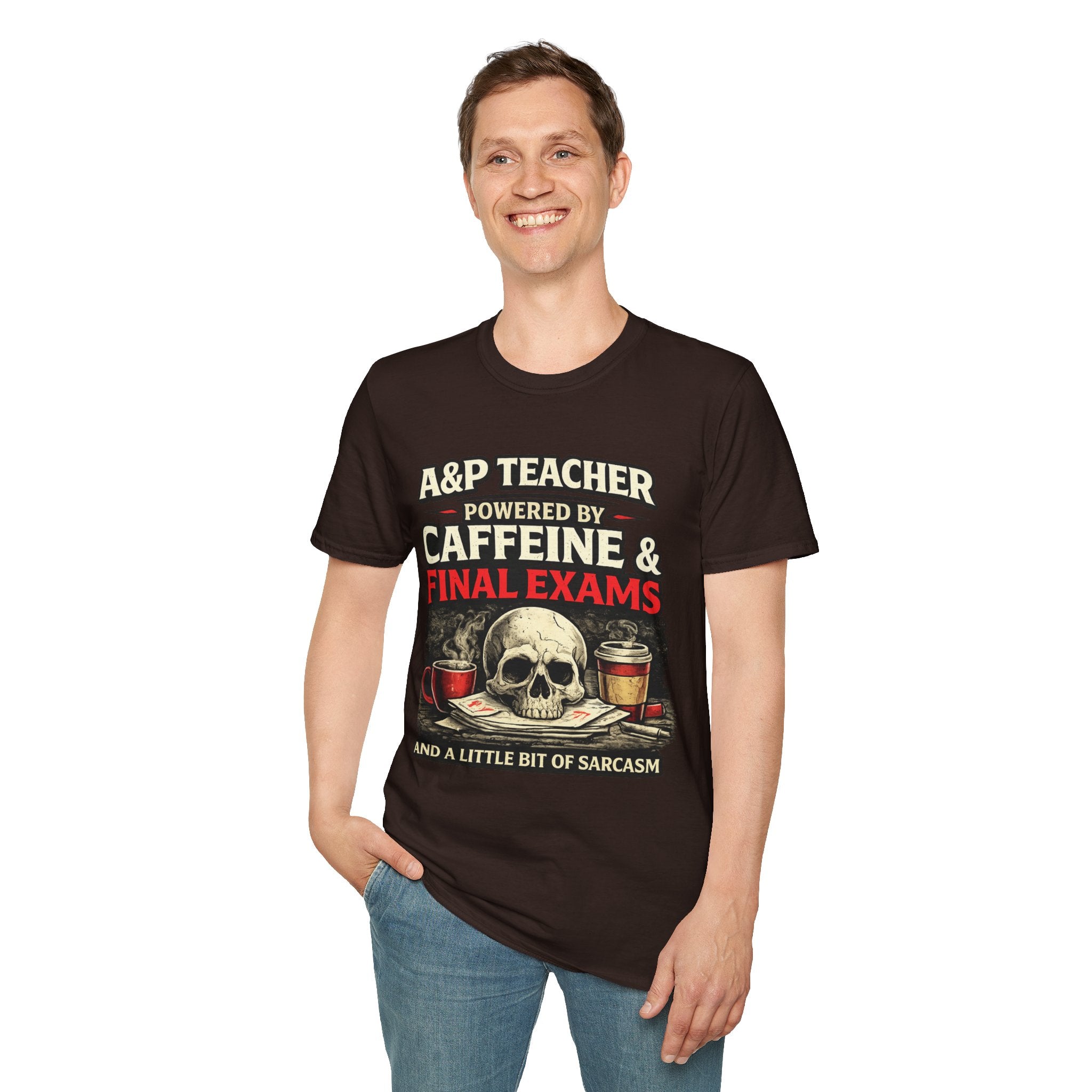 A&P Teacher T‑Shirt - "Powered by Caffeine & Final Exams" Skull Coffee Tee (Sarcastic Gift)