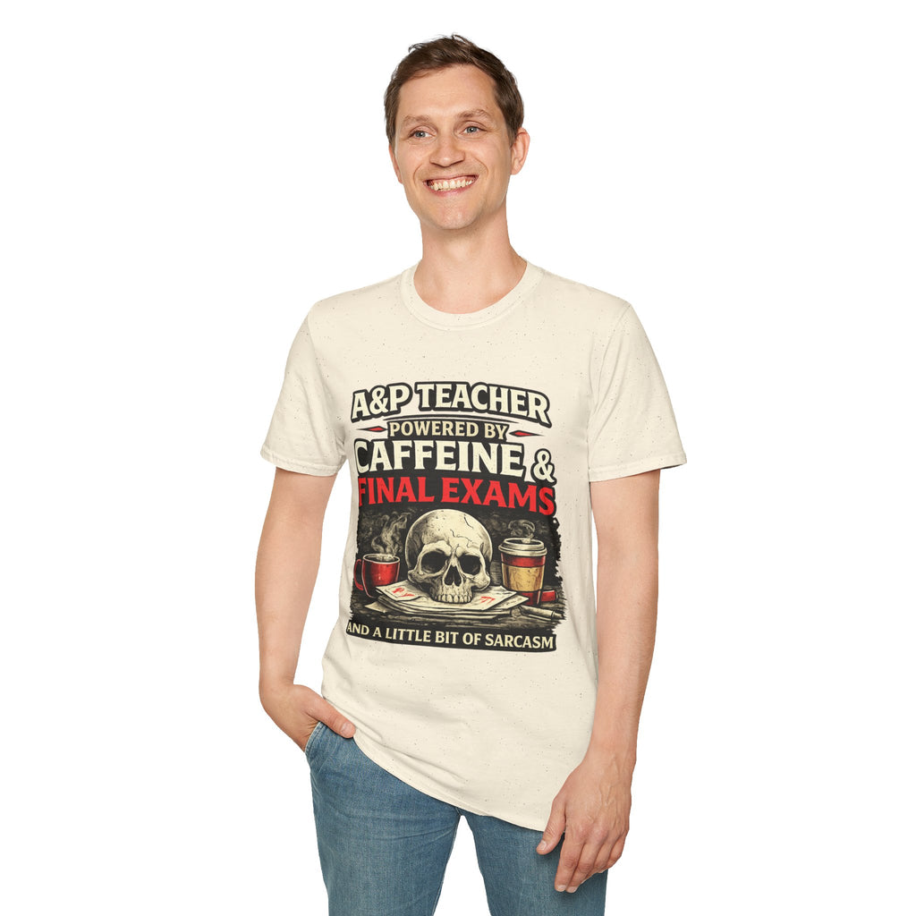 A&P Teacher T‑Shirt - "Powered by Caffeine & Final Exams" Skull Coffee Tee (Sarcastic Gift)