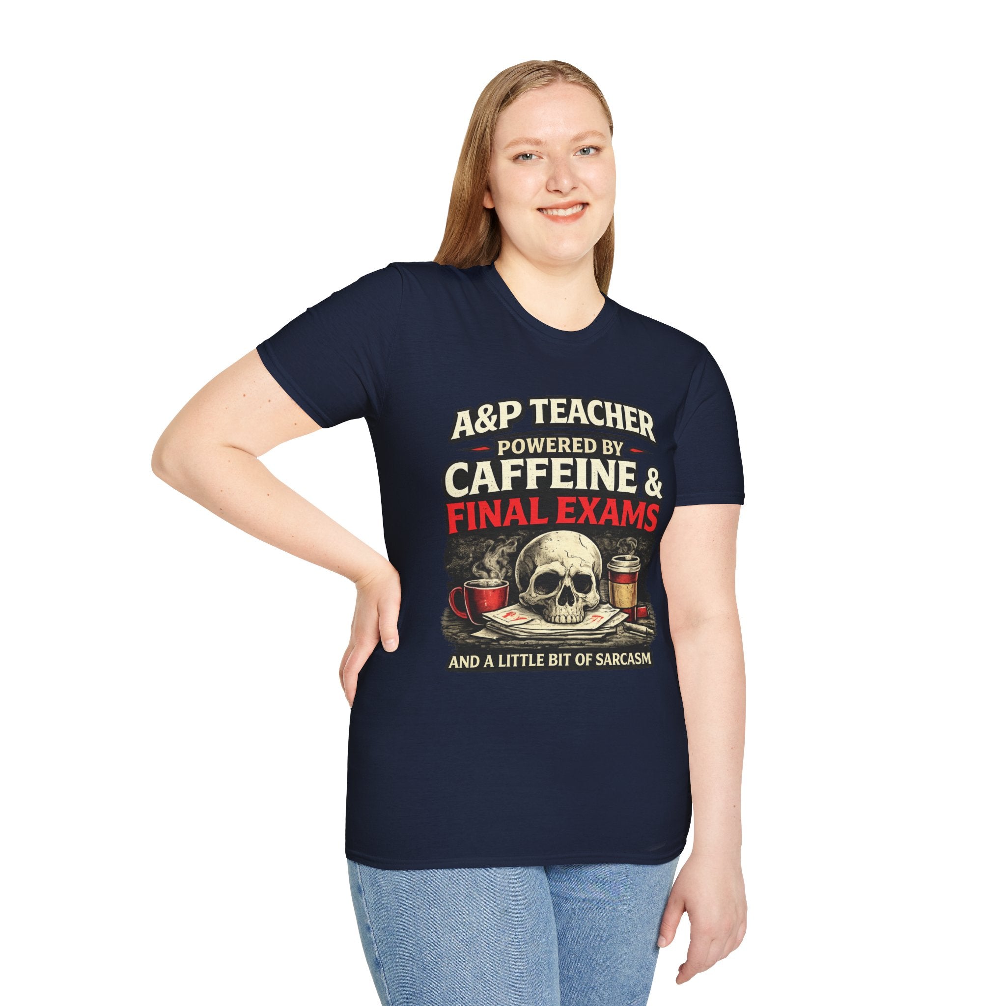 A&P Teacher T‑Shirt - "Powered by Caffeine & Final Exams" Skull Coffee Tee (Sarcastic Gift)