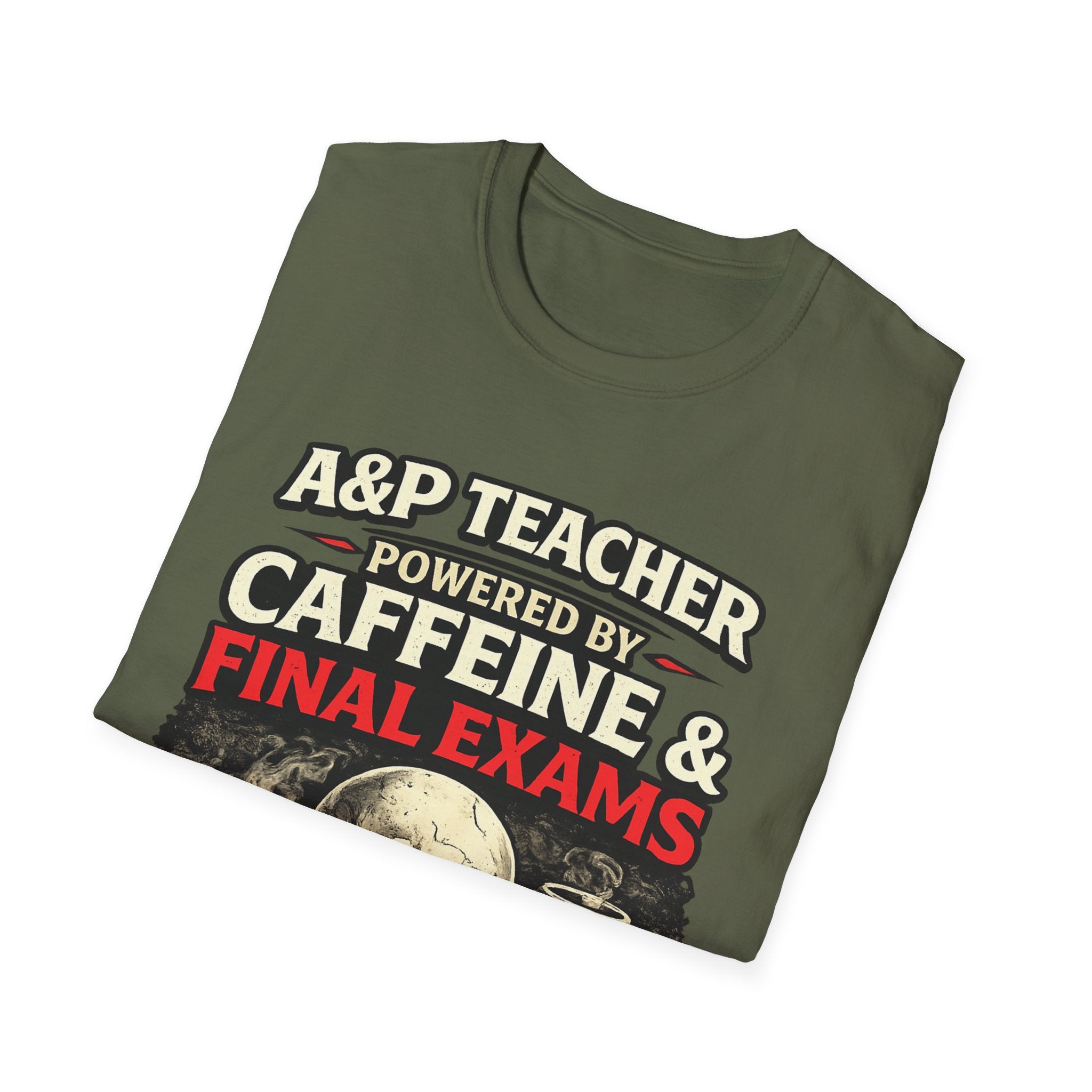 A&P Teacher T‑Shirt - "Powered by Caffeine & Final Exams" Skull Coffee Tee (Sarcastic Gift)