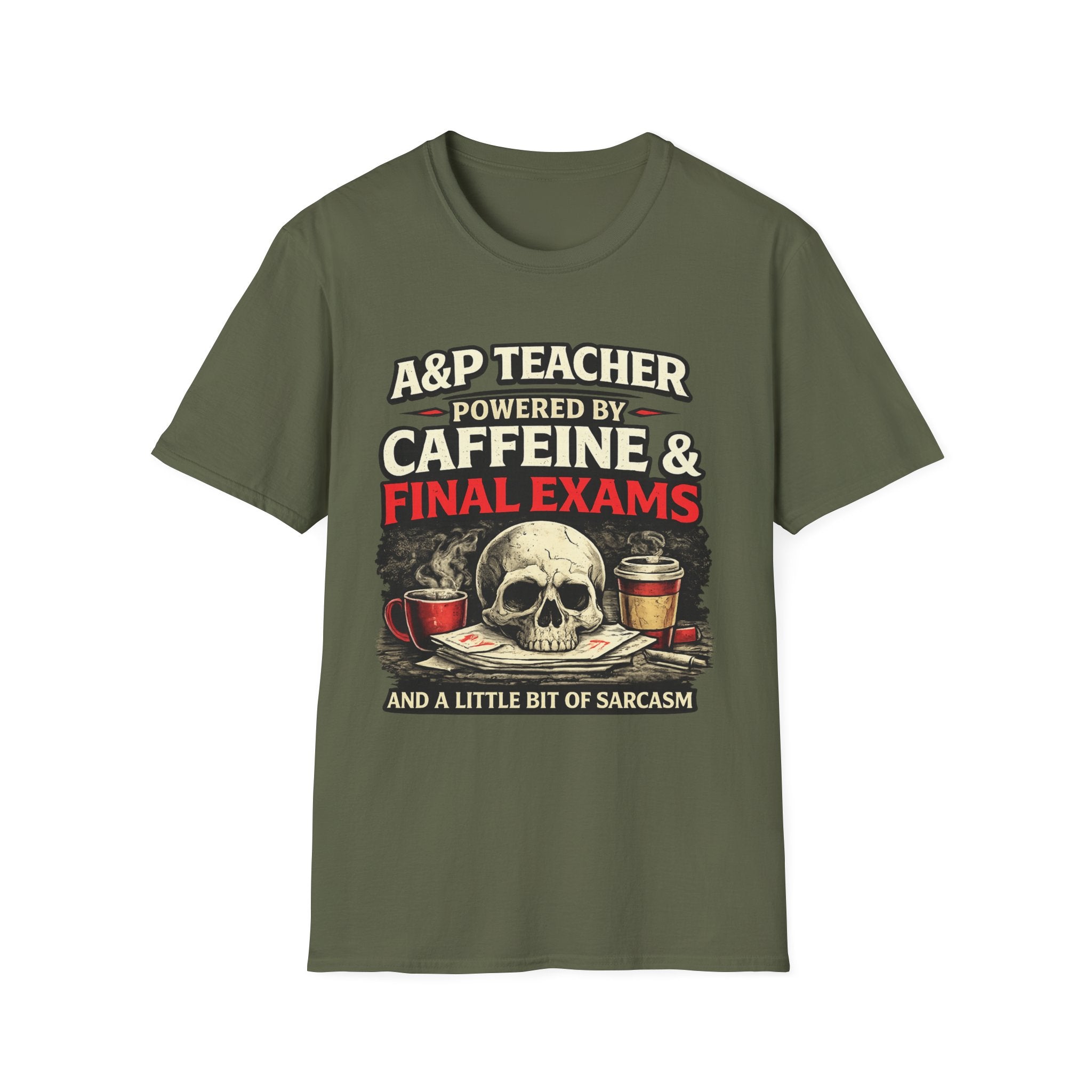A&P Teacher T‑Shirt - "Powered by Caffeine & Final Exams" Skull Coffee Tee (Sarcastic Gift)
