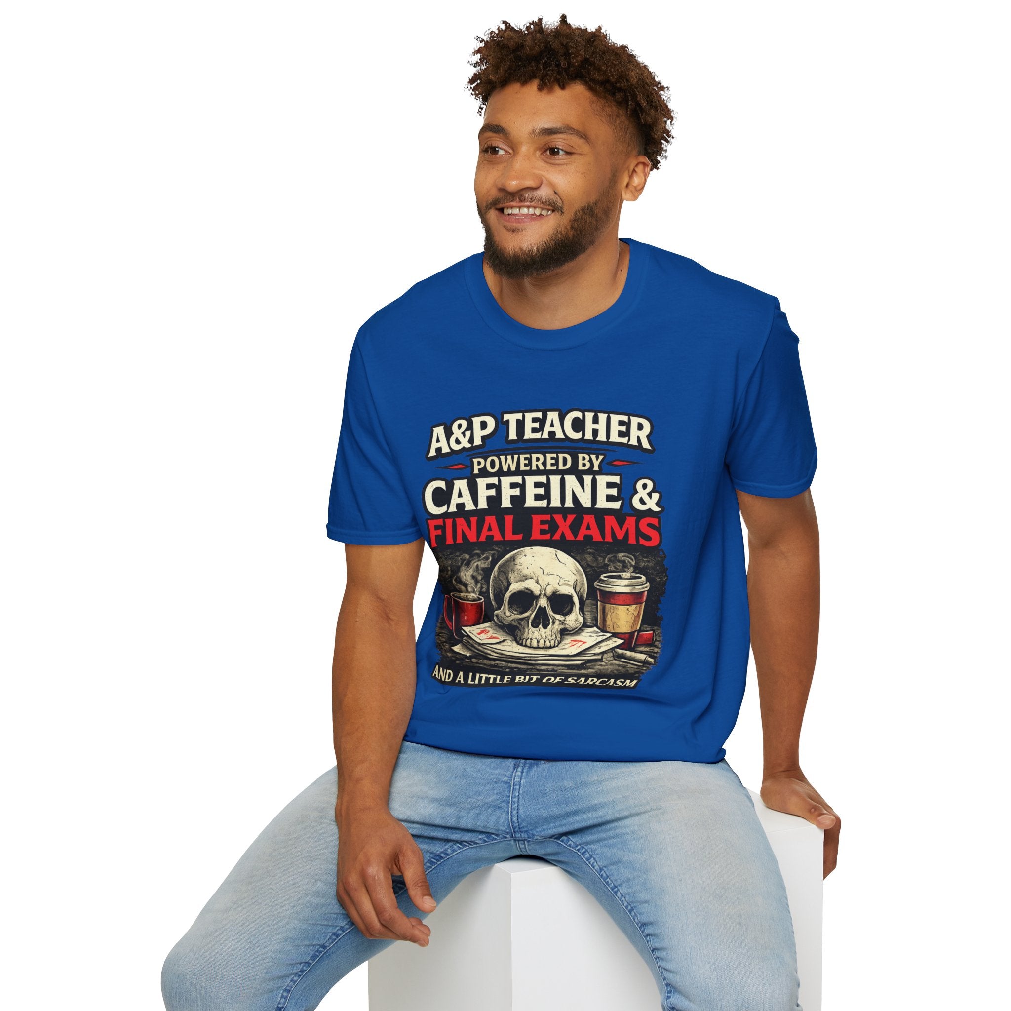 A&P Teacher T‑Shirt - "Powered by Caffeine & Final Exams" Skull Coffee Tee (Sarcastic Gift)