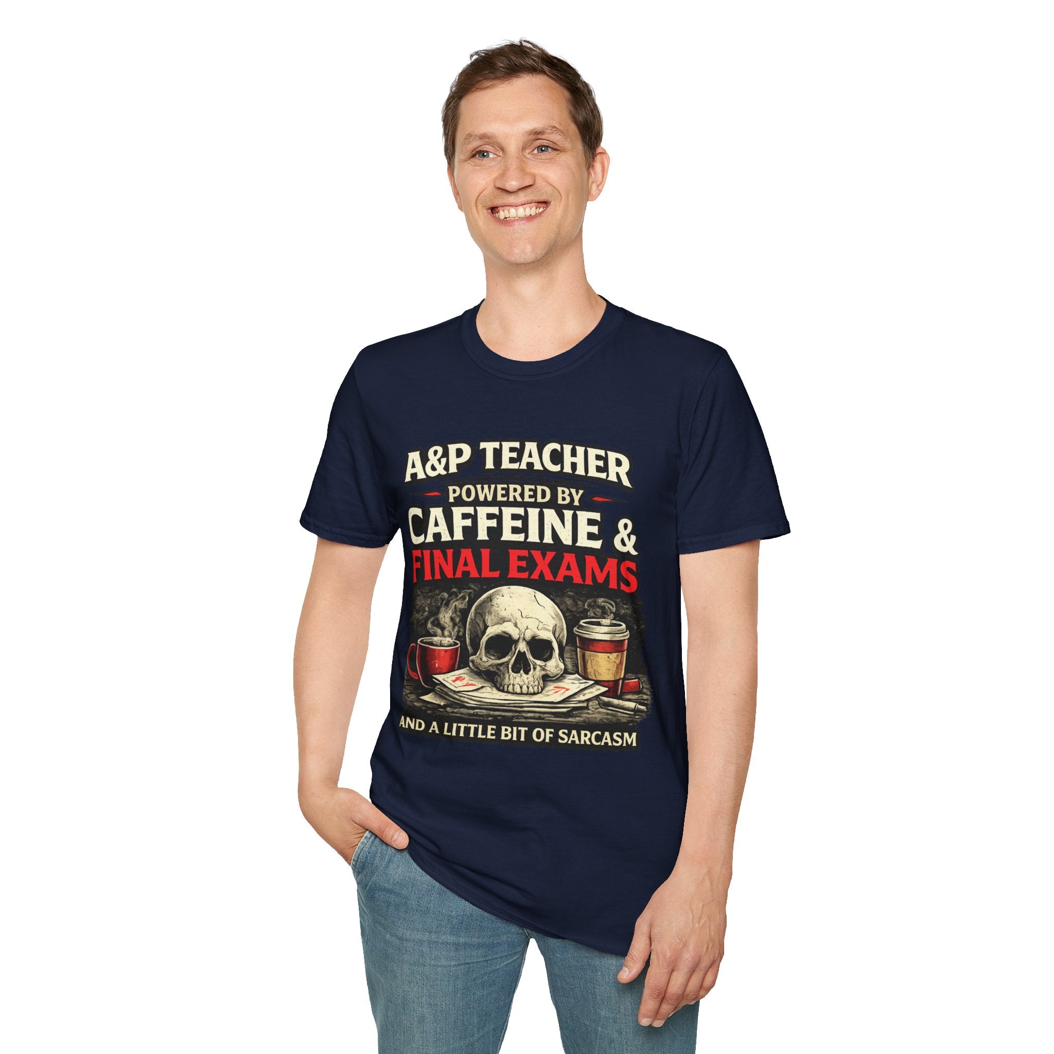 A&P Teacher T‑Shirt - "Powered by Caffeine & Final Exams" Skull Coffee Tee (Sarcastic Gift)