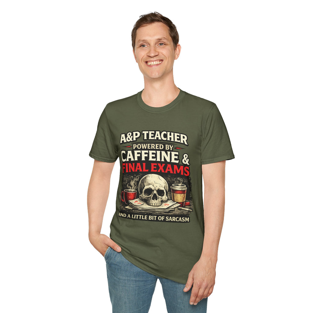 A&P Teacher T‑Shirt - "Powered by Caffeine & Final Exams" Skull Coffee Tee (Sarcastic Gift)