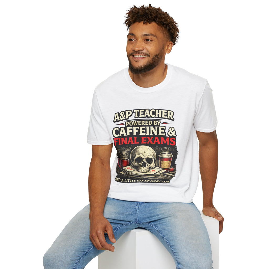 A&P Teacher T‑Shirt - "Powered by Caffeine & Final Exams" Skull Coffee Tee (Sarcastic Gift)