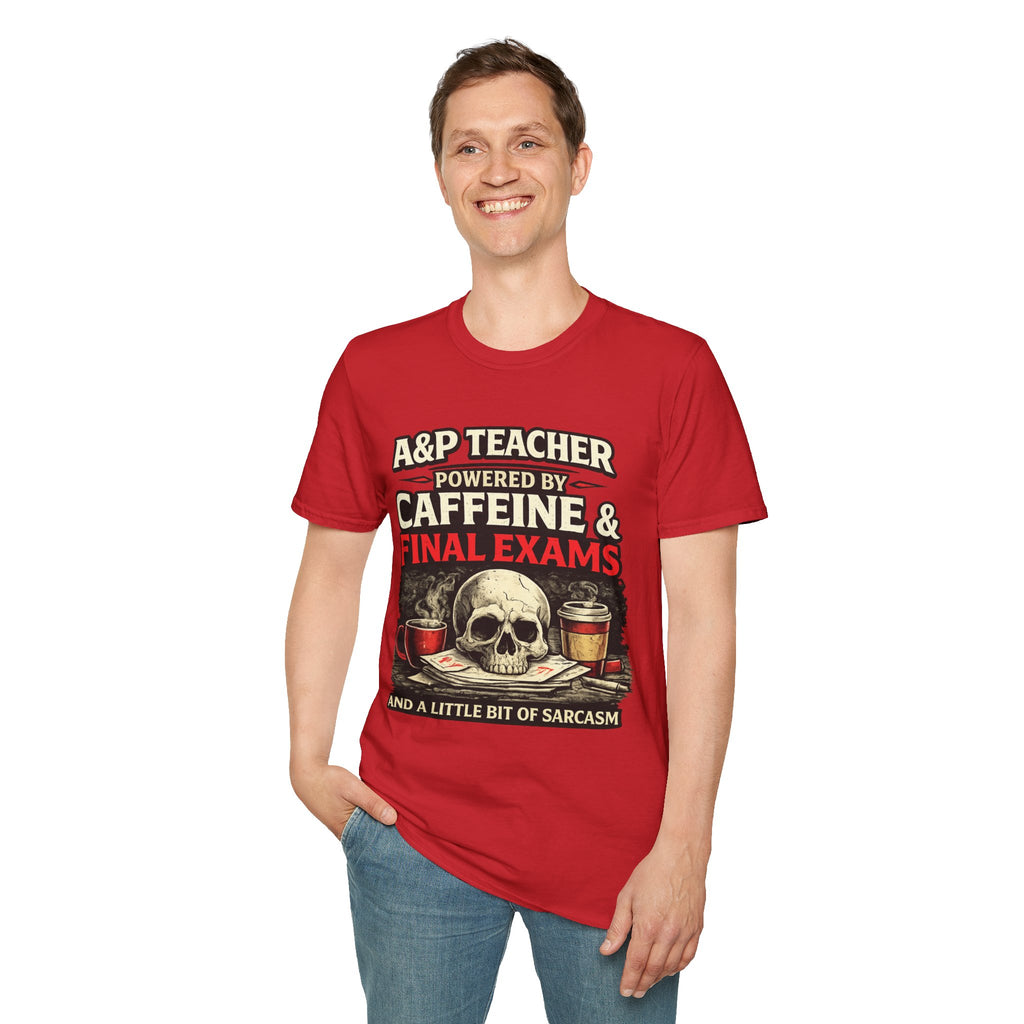 A&P Teacher T‑Shirt - "Powered by Caffeine & Final Exams" Skull Coffee Tee (Sarcastic Gift)