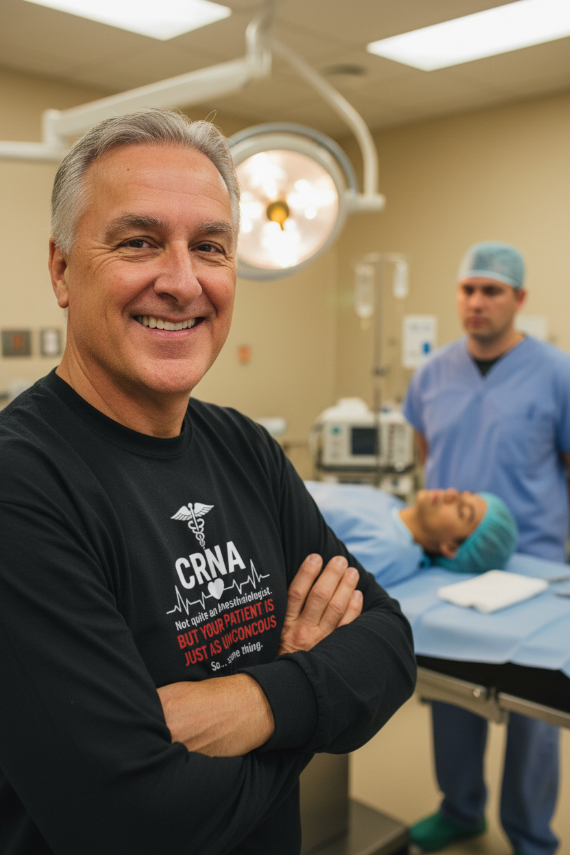 CRNA Long Sleeve Tee — "But Your Patient Is Just As Unconcous" Humor Shirt