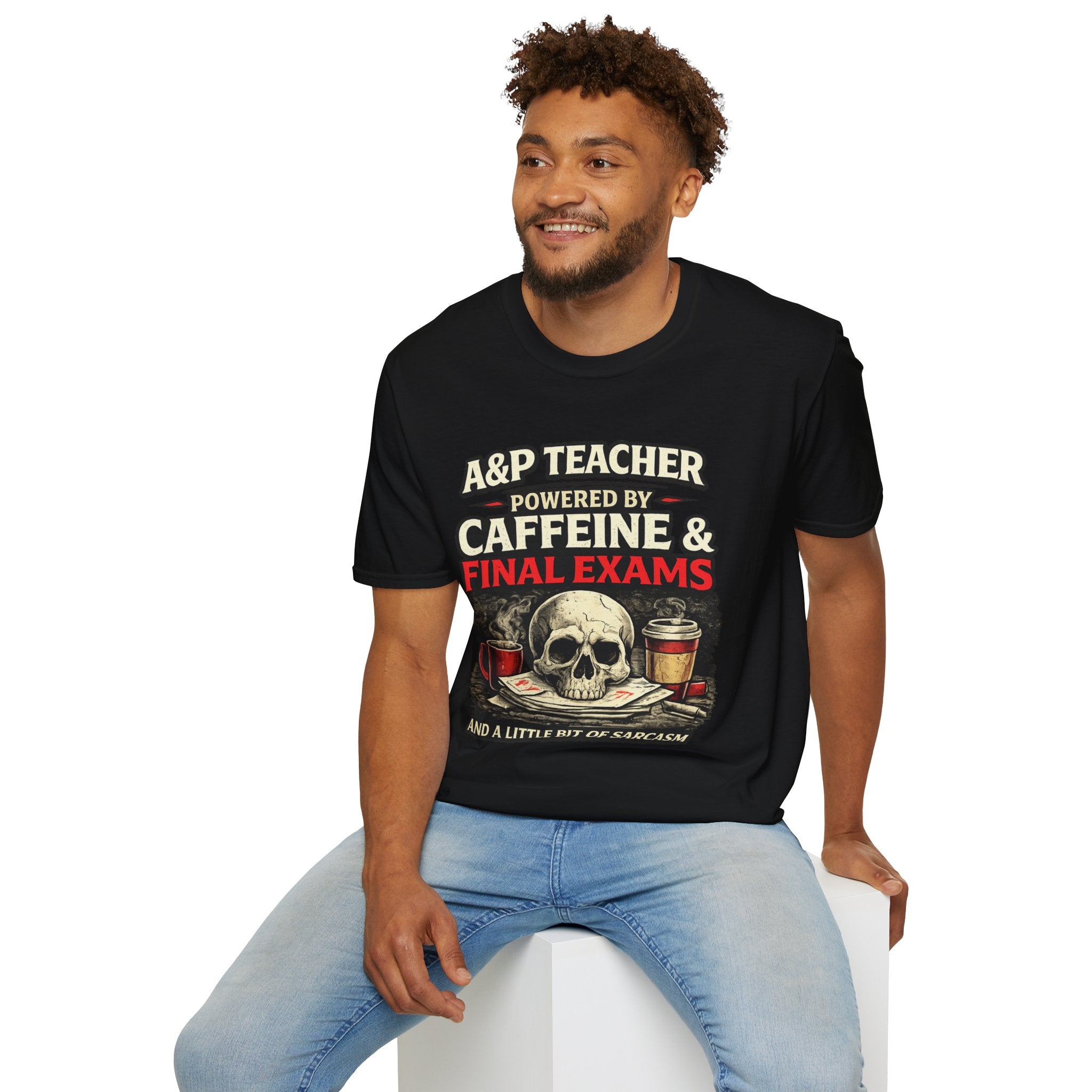 A&P Teacher T‑Shirt - "Powered by Caffeine & Final Exams" Skull Coffee Tee (Sarcastic Gift)