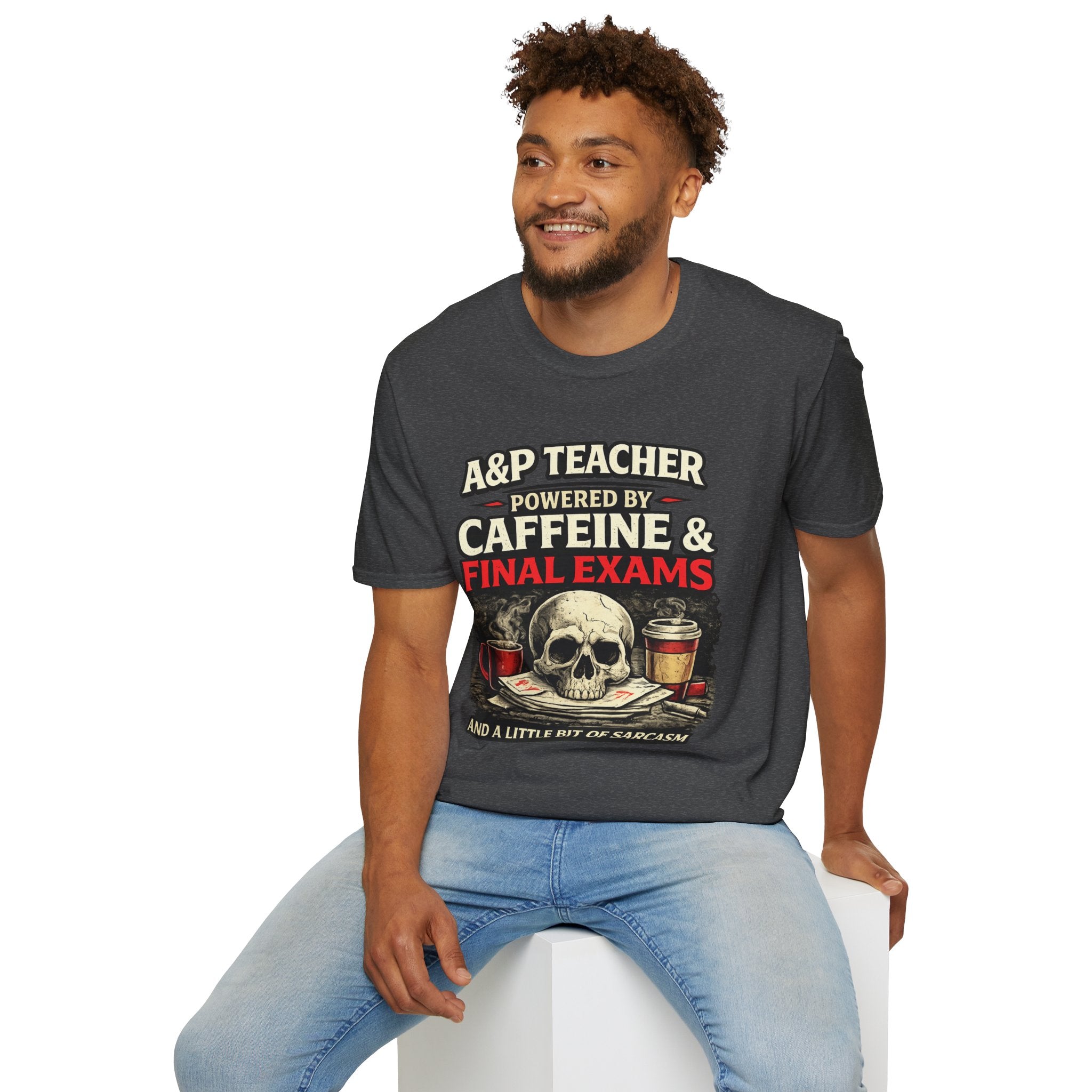 A&P Teacher T‑Shirt - "Powered by Caffeine & Final Exams" Skull Coffee Tee (Sarcastic Gift)