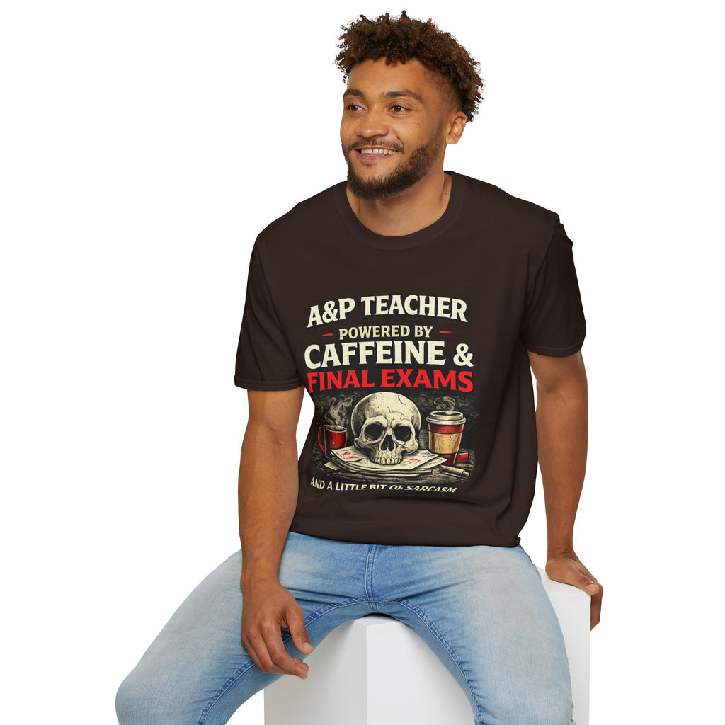 A&P Teacher T‑Shirt - "Powered by Caffeine & Final Exams" Skull Coffee Tee (Sarcastic Gift)