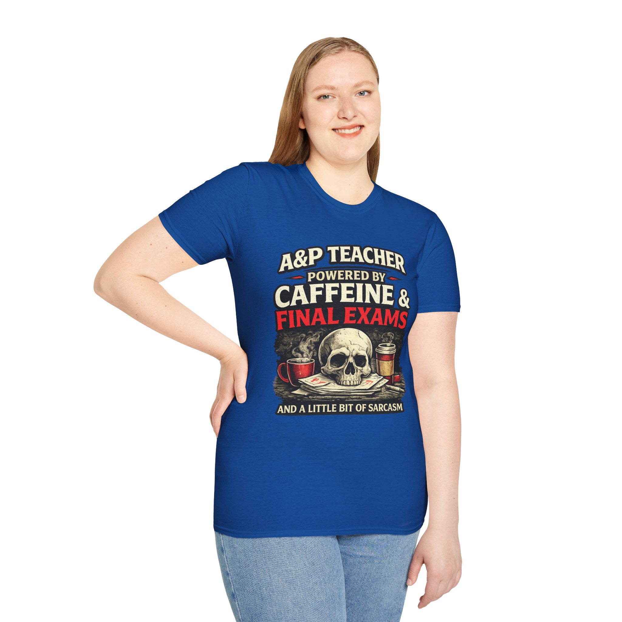 A&P Teacher T‑Shirt - "Powered by Caffeine & Final Exams" Skull Coffee Tee (Sarcastic Gift)