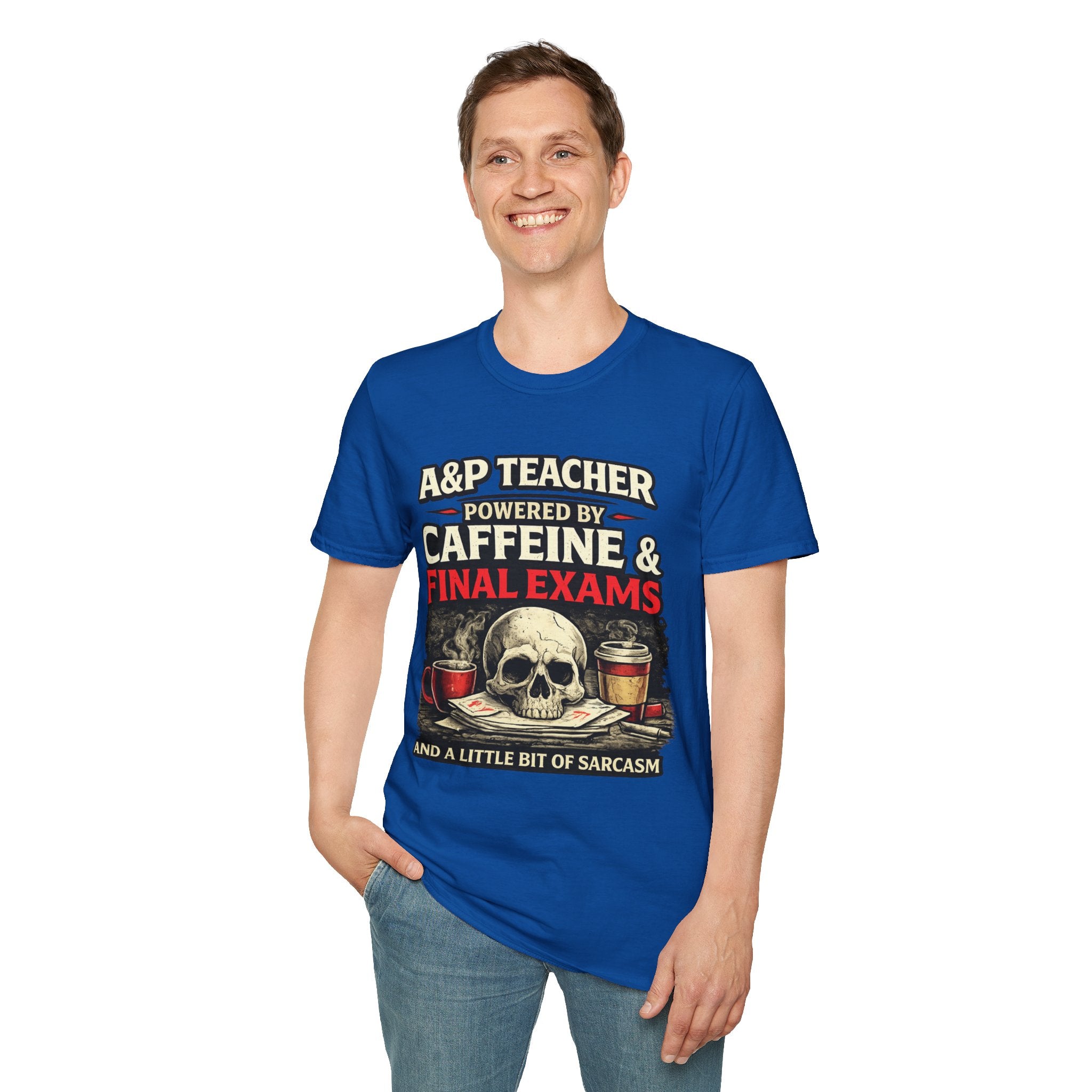 A&P Teacher T‑Shirt - "Powered by Caffeine & Final Exams" Skull Coffee Tee (Sarcastic Gift)