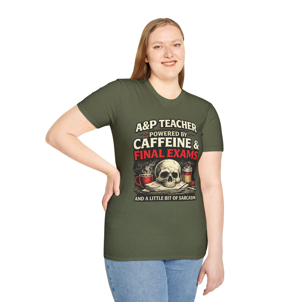 A&P Teacher T‑Shirt - "Powered by Caffeine & Final Exams" Skull Coffee Tee (Sarcastic Gift)