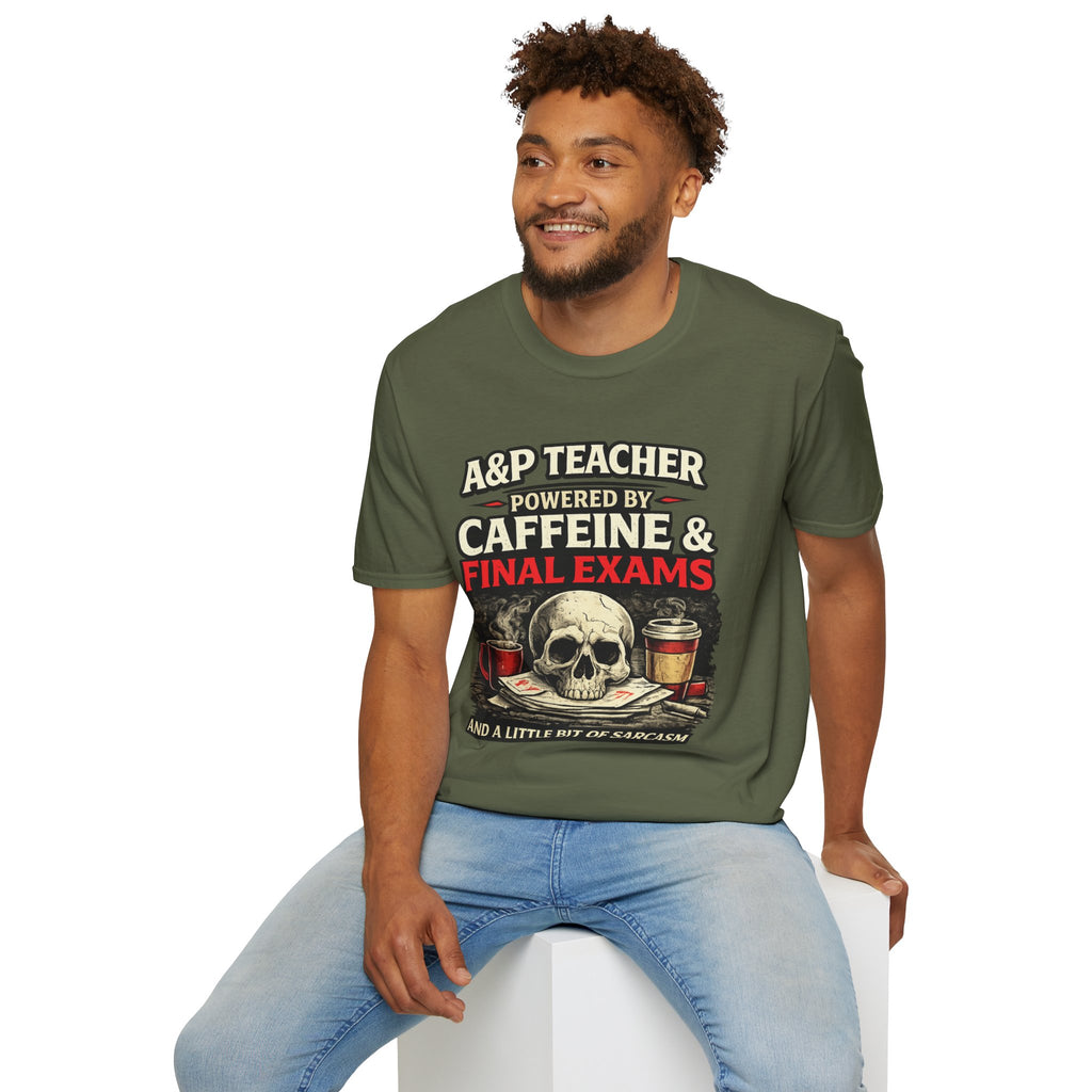 A&P Teacher T‑Shirt - "Powered by Caffeine & Final Exams" Skull Coffee Tee (Sarcastic Gift)