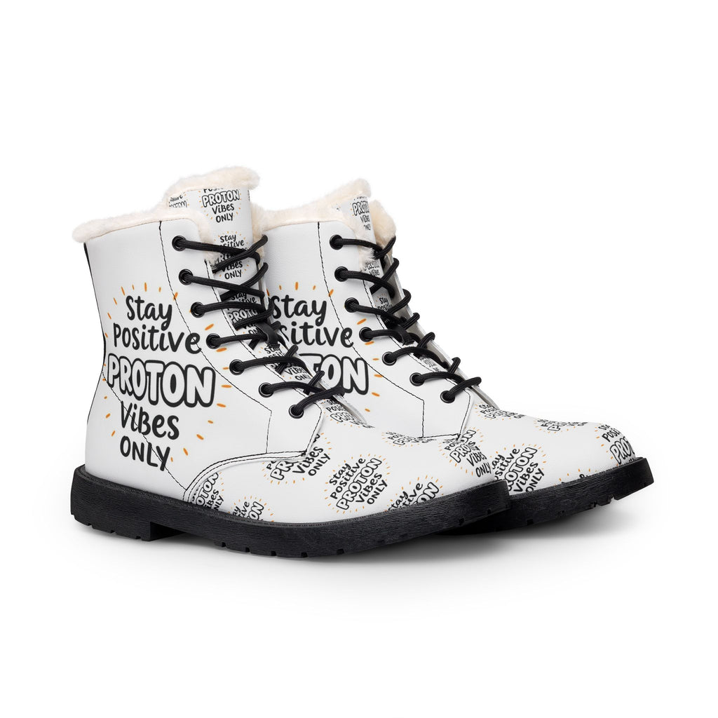 Fur-Lined Leather Boots — "Stay Positive: Proton Vibes Only" Graphic