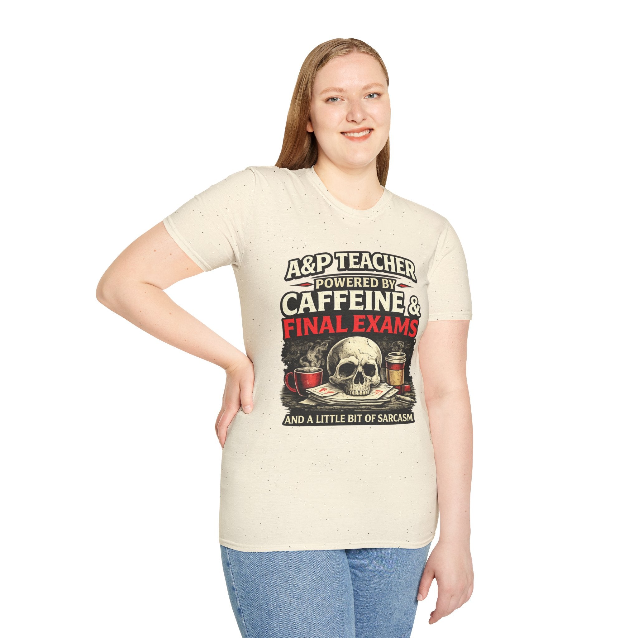 A&P Teacher T‑Shirt - "Powered by Caffeine & Final Exams" Skull Coffee Tee (Sarcastic Gift)